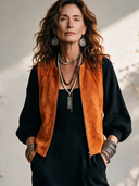 Women's Retro-American Style Faux Suede Zip-Up Vest And Square-Neck Lantern-Sleeve Knit Midi Dress Set ZMZ0362I9ZYY