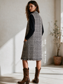 Women's Vintage-Style Elegant Set: Long-Sleeve Slub Cotton T-Shirt (Round Neck) And Sleeveless Houndstooth Midi Dress ZMZ0347I9ZYY
