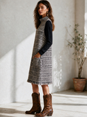 Women's Vintage-Style Elegant Set: Long-Sleeve Slub Cotton T-Shirt (Round Neck) And Sleeveless Houndstooth Midi Dress ZMZ0347I9ZYY