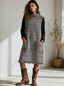 Women's Vintage-Style Elegant Set: Long-Sleeve Slub Cotton T-Shirt (Round Neck) And Sleeveless Houndstooth Midi Dress ZMZ0347I9ZYY