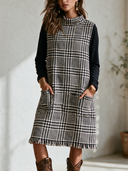 Women's Vintage-Style Elegant Set: Long-Sleeve Slub Cotton T-Shirt (Round Neck) And Sleeveless Houndstooth Midi Dress ZMZ0347I9ZYY