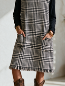 Women's Vintage-Style Elegant Set: Long-Sleeve Slub Cotton T-Shirt (Round Neck) And Sleeveless Houndstooth Midi Dress ZMZ0347I9ZYY