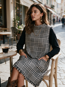 Women's Vintage-Style Elegant Set: Long-Sleeve Slub Cotton T-Shirt (Round Neck) And Sleeveless Houndstooth Midi Dress ZMZ0347I9ZYY