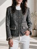Women's Vintage-Style Elegant Tweed Jacket With Round Neck, Single-Breasted Closure, And Tassel Trim ZMZ0361I3ZYY