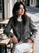 Women's Vintage-Style Elegant Tweed Jacket With Round Neck, Single-Breasted Closure, And Tassel Trim ZMZ0361I3ZYY