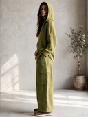 Women's Classic Retro Casual Set: Loose V-Neck Hooded Sweater And Multi-Pocket Wide-Leg Twill Pants ZMZ0332I9ZYY