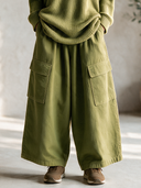 Women's Classic Retro Casual Set: Loose V-Neck Hooded Sweater And Multi-Pocket Wide-Leg Twill Pants ZMZ0332I9ZYY