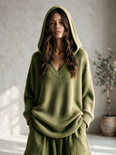 Women's Classic Retro Casual Set: Loose V-Neck Hooded Sweater And Multi-Pocket Wide-Leg Twill Pants ZMZ0332I9ZYY