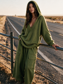 Women's Classic Retro Casual Set: Loose V-Neck Hooded Sweater And Multi-Pocket Wide-Leg Twill Pants ZMZ0332I9ZYY