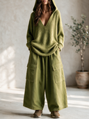 Women's Classic Retro Casual Set: Loose V-Neck Hooded Sweater And Multi-Pocket Wide-Leg Twill Pants ZMZ0332I9ZYY