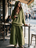 Women's Classic Retro Casual Set: Loose V-Neck Hooded Sweater And Multi-Pocket Wide-Leg Twill Pants ZMZ0332I9ZYY