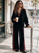 Women's Vintage-Style Elegant Casual Velvet Set: V-Neck Lantern-Sleeve Top And Elastic-Waist Wide-Leg Pants ZMZ0319I2ZYY