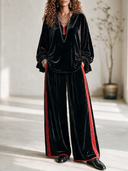 Women's Vintage-Style Elegant Casual Velvet Set: V-Neck Lantern-Sleeve Top And Elastic-Waist Wide-Leg Pants ZMZ0319I2ZYY