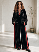 Women's Vintage-Style Elegant Casual Velvet Set: V-Neck Lantern-Sleeve Top And Elastic-Waist Wide-Leg Pants ZMZ0319I2ZYY