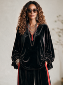 Women's Vintage-Style Elegant Casual Velvet Set: V-Neck Lantern-Sleeve Top And Elastic-Waist Wide-Leg Pants ZMZ0319I2ZYY