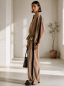 Women's Classic Retro Casual Faux Suede Set: Stand-Collar Lantern-Sleeve Single-Breasted Top And Elastic-Waist Wide-Leg Pants ZMZ1972H6ZYY