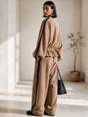 Women's Classic Retro Casual Faux Suede Set: Stand-Collar Lantern-Sleeve Single-Breasted Top And Elastic-Waist Wide-Leg Pants ZMZ1972H6ZYY