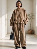 Women's Classic Retro Casual Faux Suede Set: Stand-Collar Lantern-Sleeve Single-Breasted Top And Elastic-Waist Wide-Leg Pants ZMZ1972H6ZYY