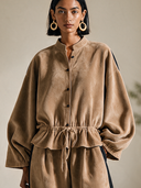 Women's Classic Retro Casual Faux Suede Set: Stand-Collar Lantern-Sleeve Single-Breasted Top And Elastic-Waist Wide-Leg Pants ZMZ1972H6ZYY