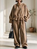 Women's Classic Retro Casual Faux Suede Set: Stand-Collar Lantern-Sleeve Single-Breasted Top And Elastic-Waist Wide-Leg Pants ZMZ1972H6ZYY