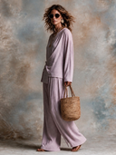 Women's French-style Loose-fitting Textured Knotted Front Top And Wide-leg Trousers Set ZMZ0389I1XT