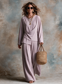 Women's French-style Loose-fitting Textured Knotted Front Top And Wide-leg Trousers Set ZMZ0389I1XT