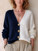 Women's Stylish Navy And White Color-Block V-Neck Knit Cardigan ZMZ0413I2SWL