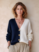 Women's Stylish Navy And White Color-Block V-Neck Knit Cardigan ZMZ0413I2SWL