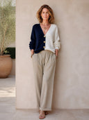 Women's Stylish Navy And White Color-Block V-Neck Knit Cardigan ZMZ0413I2SWL