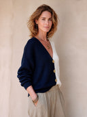 Women's Stylish Navy And White Color-Block V-Neck Knit Cardigan ZMZ0413I2SWL