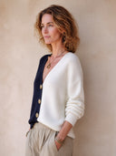 Women's Stylish Navy And White Color-Block V-Neck Knit Cardigan ZMZ0413I2SWL