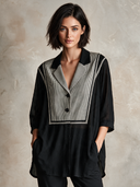 Women's Loose-fitting Plaid Patchwork Color-blocked Slit Collar Shirt ZMZ0334I6XT