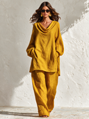 Women's Casual Layered Collar Long-sleeved Top And Wide-leg Trousers Linen Two-piece Set ZMZ0382I4XT
