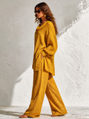 Women's Casual Layered Collar Long-sleeved Top And Wide-leg Trousers Linen Two-piece Set ZMZ0382I4XT