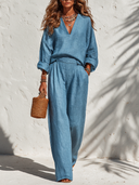 Women's Casual Linen V-Neck Long Sleeve Top And Wide Leg Pants Two-Piece Set ZMZ0378I3XT