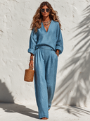 Women's Casual Linen V-Neck Long Sleeve Top And Wide Leg Pants Two-Piece Set ZMZ0378I3XT