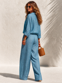 Women's Casual Linen V-Neck Long Sleeve Top And Wide Leg Pants Two-Piece Set ZMZ0378I3XT