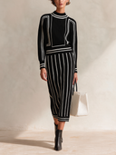 Women's Stylish Black And White Striped Long-Sleeve Knit Midi Dress ZMZ0436I6SWL