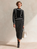 Women's Stylish Black And White Striped Long-Sleeve Knit Midi Dress ZMZ0436I6SWL