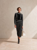 Women's Stylish Black And White Striped Long-Sleeve Knit Midi Dress ZMZ0436I6SWL