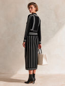 Women's Stylish Black And White Striped Long-Sleeve Knit Midi Dress ZMZ0436I6SWL