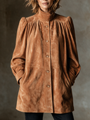 Women's Retro Casual Camel Suede Puff Sleeve Stand Collar Jacket ZMZ0318I1XT