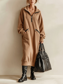 Women's Fashionable Casual Camel Zip-up Collar Long-sleeved Midi Dress ZMZ0455I4SWL