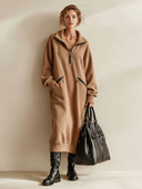 Women's Fashionable Casual Camel Zip-up Collar Long-sleeved Midi Dress ZMZ0455I4SWL
