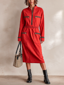 Women's Fashion Red Cotton Elastic Waist Long Sleeve Midi Dress ZMZ0494I6SWL