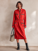 Women's Fashion Red Cotton Elastic Waist Long Sleeve Midi Dress ZMZ0494I6SWL