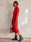Women's Fashion Red Cotton Elastic Waist Long Sleeve Midi Dress ZMZ0494I6SWL