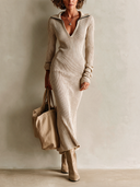 Women's Stylish Khaki V-Neck Ribbed Knit Slim-Fit High-stretch Long-Sleeve Midi Dress ZMZ0444I8SWL