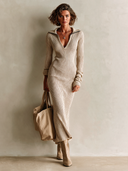 Women's Stylish Khaki V-Neck Ribbed Knit Slim-Fit High-stretch Long-Sleeve Midi Dress ZMZ0444I8SWL