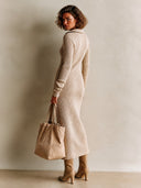 Women's Stylish Khaki V-Neck Ribbed Knit Slim-Fit High-stretch Long-Sleeve Midi Dress ZMZ0444I8SWL